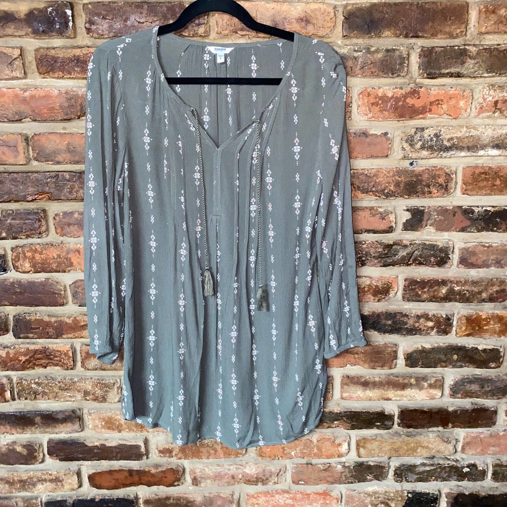 Sonoma Green White Print Tassel Tie Blouse Women's Size Small